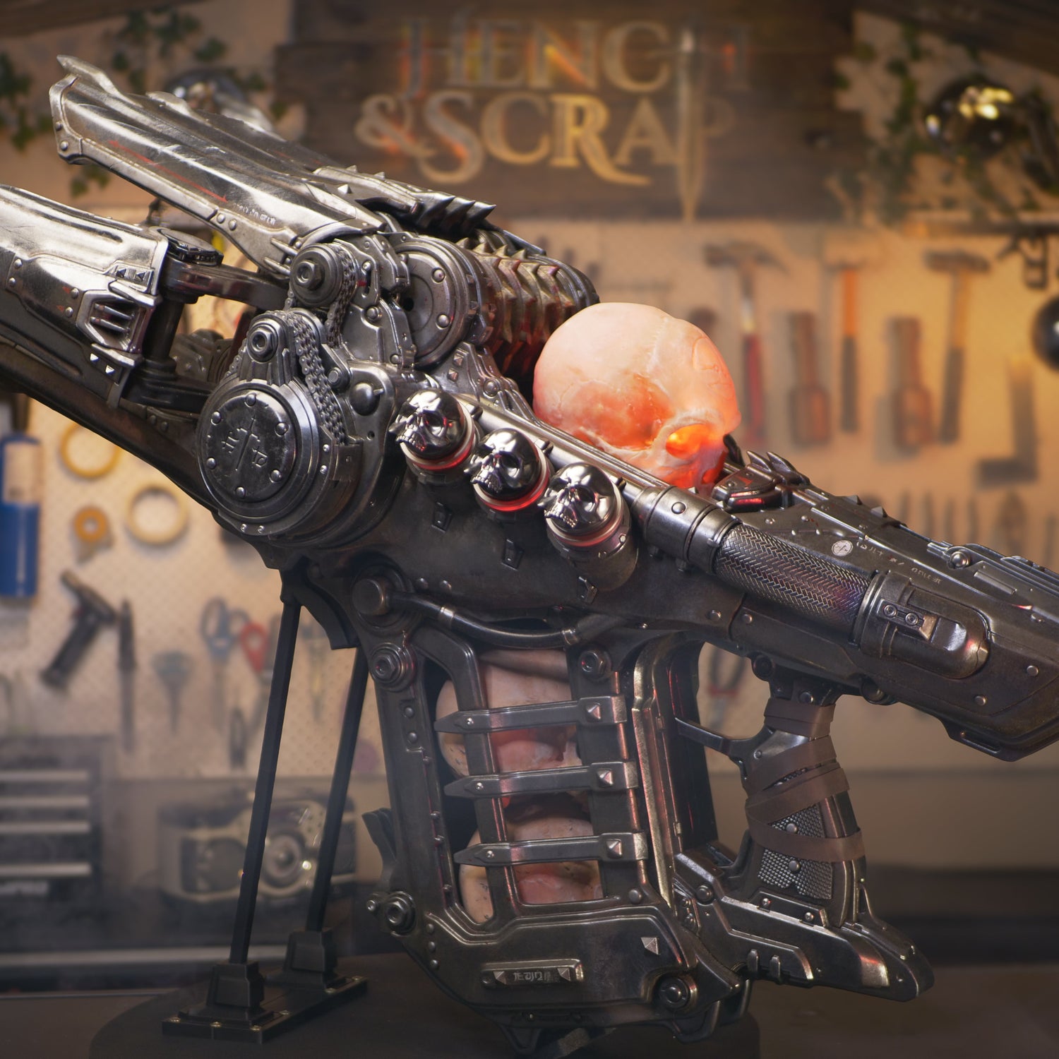 Metallic futuristic weapon sculpture with glowing orange sphere on a stand, workshop background.